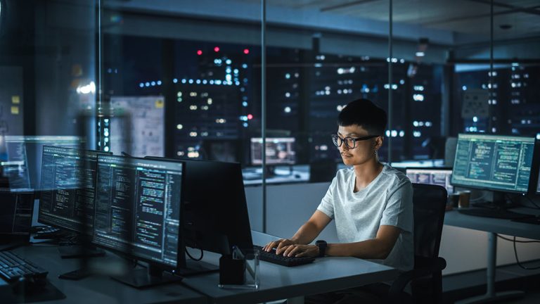 Night,Office:,Portrait,Of,Handsome,Japanese,Man,In,Working,On